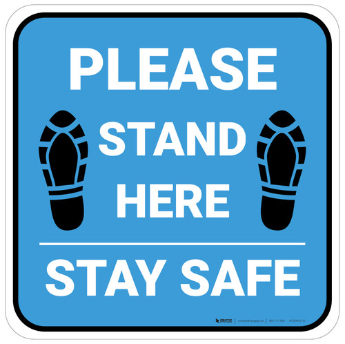 Please Stand Here Stay Safe Shoe Prints Blue Square - Floor Sign