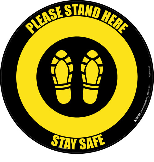 Please Stand Here Stay Safe Shoe Prints Yellow/Black Circular - Floor Sign