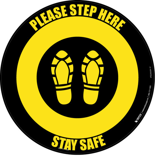 Please Step Here Stay Safe Shoe Prints Yellow/Black Circular - Floor Sign
