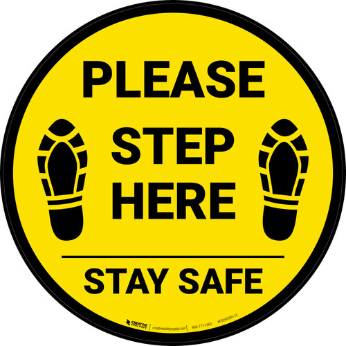Please Step Here Stay Safe Shoe Prints Yellow Circular - Floor Sign