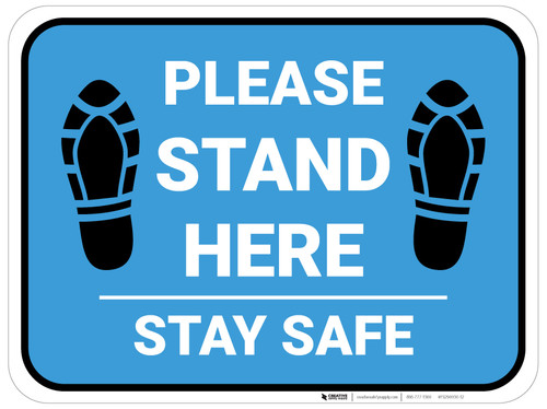 Please Stand Here Stay Safe Shoe Prints Blue Rectangle - Floor Sign