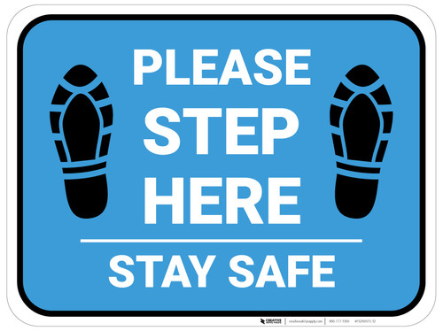 Please Step Here Stay Safe Shoe Prints Blue Rectangle - Floor Sign