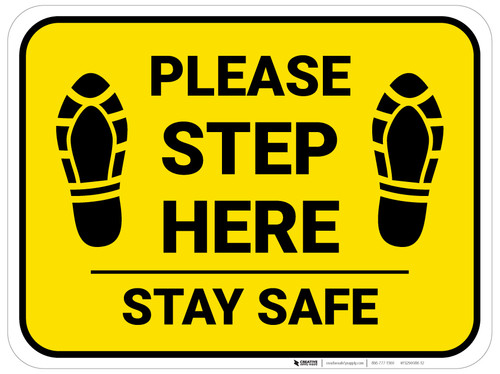 Please Step Here Stay Safe Shoe Prints Yellow Rectangle - Floor Sign