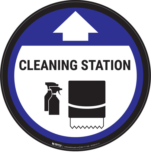 Cleaning Station Arrow With Icon Blue - Circular - Floor Sign