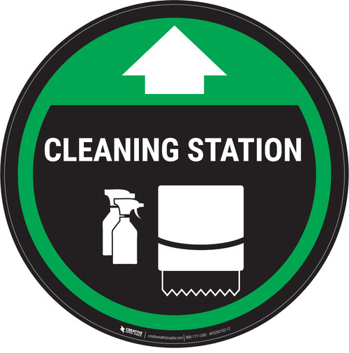 Cleaning Station Arrow With Icon Green - Circular - Floor Sign