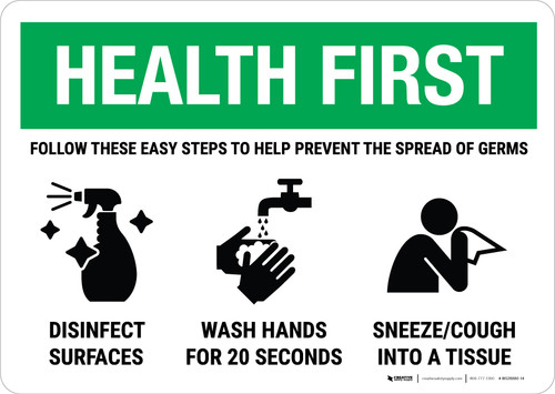 Health First: Easy Steps To Prevent Germs Landscape - Wall Sign