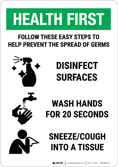 Health First: Easy Steps To Prevent Germs Portrait - Wall Sign