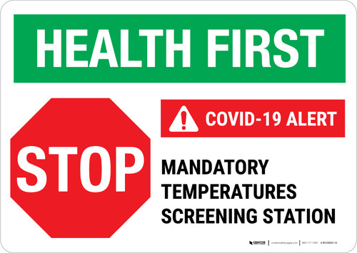 Health First: Stop - Mandatory Temp Screening Landscape - Wall Sign