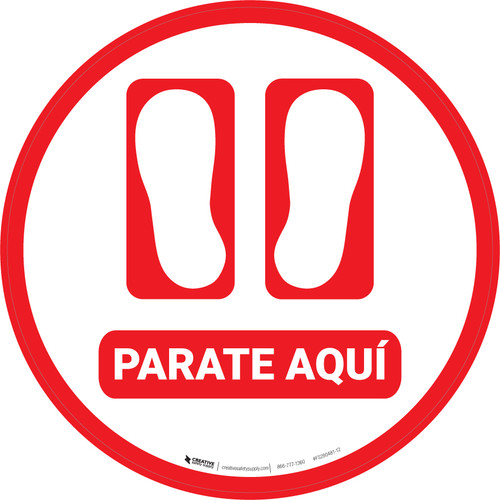 Stand Here Spanish with Feet Icon (Red) Circle - Floor Sign