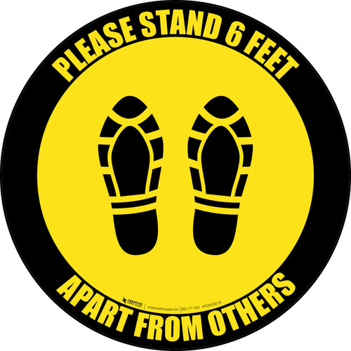Please Stand 6 Feet Apart From Others Shoe Prints Yellow Black Border - Circular - Floor Sign