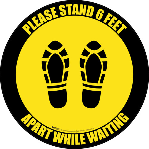 Please Stand 6 Feet Apart While Waiting Shoe Prints Yellow Black Border - Circular - Floor Sign