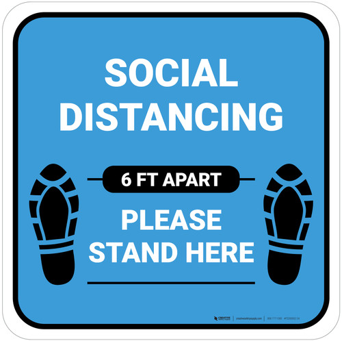 Social Distancing Please Stand Here 6 Ft Apart Shoe Prints Blue Square - Floor Sign