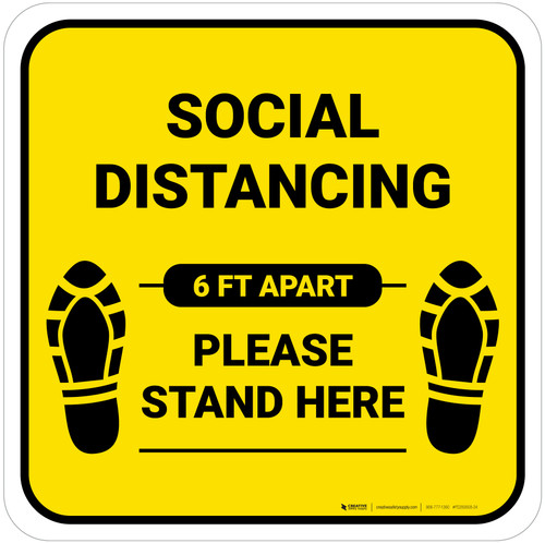 Social Distancing Please Stand Here 6 Ft Apart Shoe Prints Yellow Square - Floor Sign
