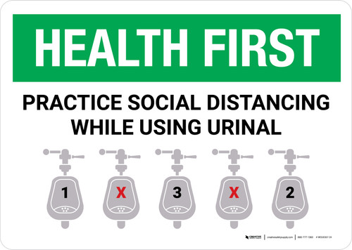 Health First: Practice Social Distancing While Using Urinal with Icon Landscape - Wall Sign