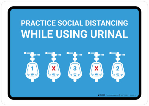 Practice Social Distancing While Using Urinal with Icon Blue Landscape - Wall Sign