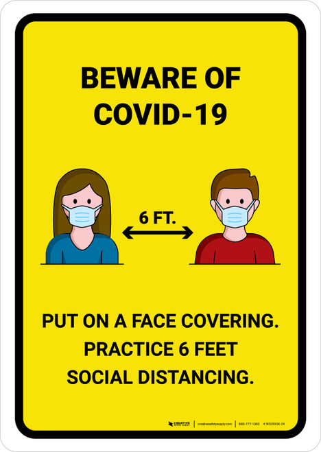 Beware Of COVID-19 with Icons Yellow Portrait - Wall Sign