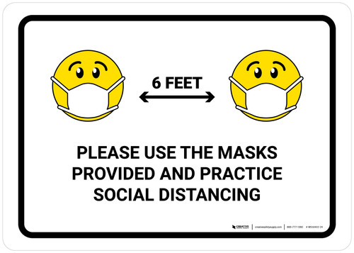 Please Use Masks Provided And Practice Social Distancing with Emojis Landscape - Wall Sign