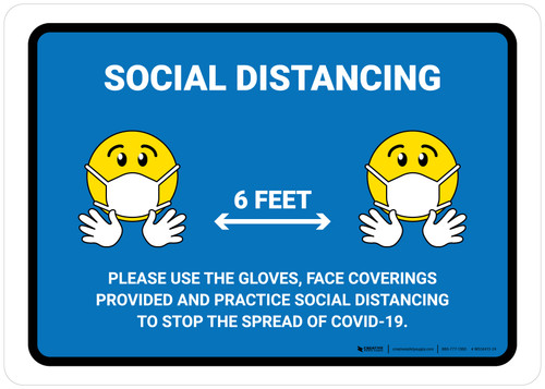 Social Distancing Please Use Face Coverings/Gloves with Emojis Blue Landscape - Wall Sign