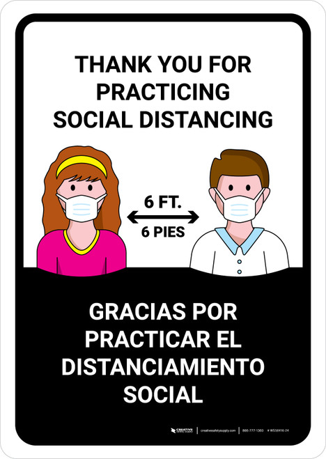 Thank You For Practicing Social Distancing Bilingual Spanish with Icons Landscape - Wall Sign