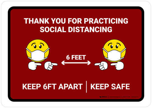 Thank You For Practicing Social Distancing with Emojis Red Landscape - Wall Sign