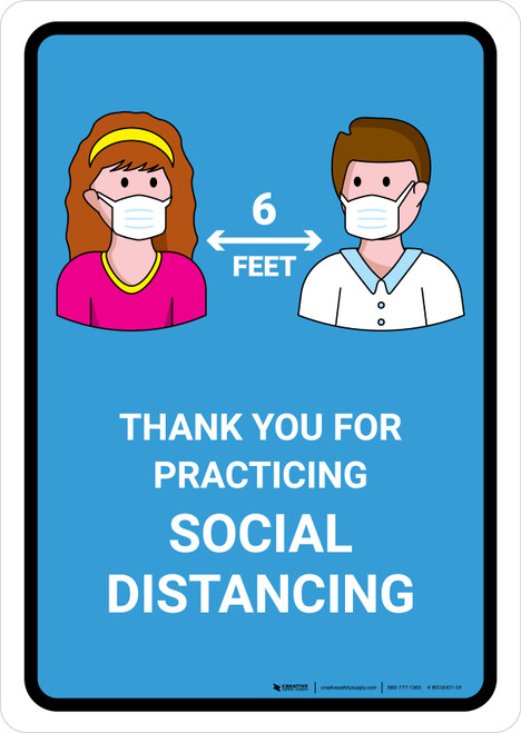 Thank You For Practicing Social Distancing with Icons Blue Portrait - Wall Sign