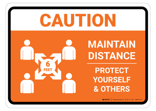 Caution Maintain Distance with Icon Orange Landscape - Floor Sign