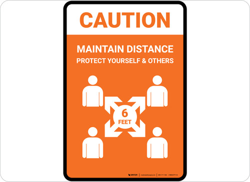 Caution Maintain Distance with Icon Orange Portrait - Floor Sign
