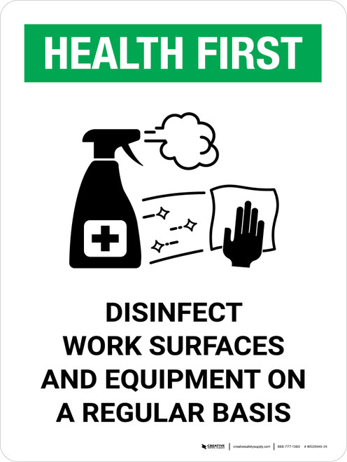 Health First: Disinfect Work Surfaces with Icon Portrait - Wall Sign