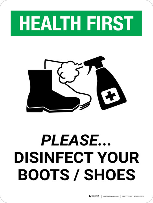Health First: Please Disinfect Boots/Shoes with Icon Portrait - Wall Sign