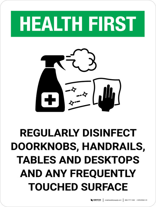 Health First: Regularly Disinfect Surfaces with Icon Portrait - Wall Sign