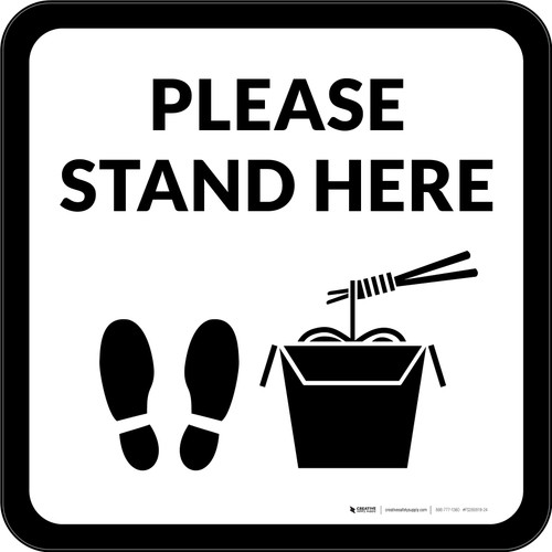 Please Stand Here with Noodles and Shoe Prints Black Square - Floor Sign