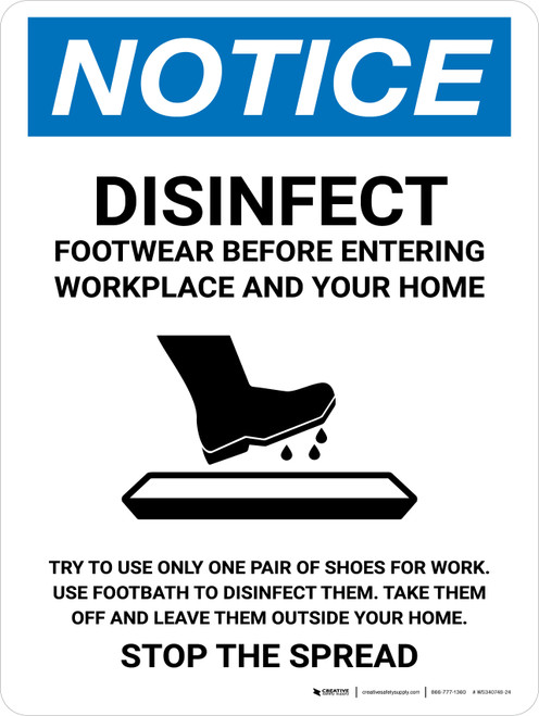 Notice Disinfect Footwear Before Entering with Icon Portrait - Wall Sign