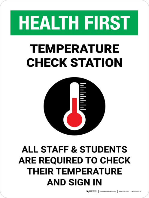 Health First: Temperature Check Station Students with Icon Portrait - Wall Sign