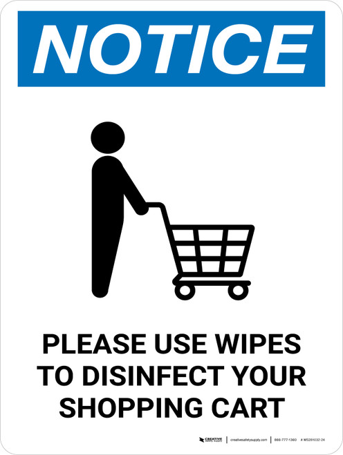 Notice: Please Use Wipes To Disinfect Shopping Cart with Icon Portrait - Wall Sign