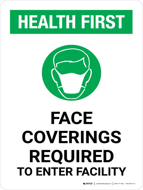 Health First: Face Coverings Required with Icon Portrait - Wall Sign
