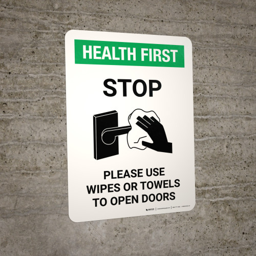 Health First: Stop Use Wipes Or Towels To Open Doors with Icon Portrait ...