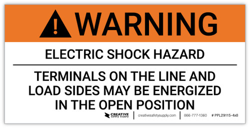 Warning: Electric Shock Hazard Terminals May Be Energized - Arc Flash Label