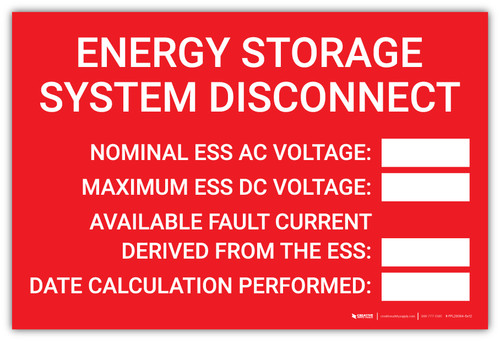 Energy Storage System Disconnect with Write-Ins - Arc Flash Label