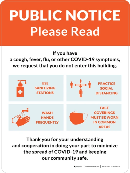 Public Notice: COVID-19 with Icons Orange Portrait - Wall Sign