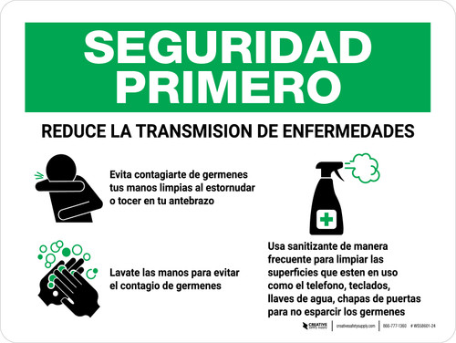 Safety First Reduce La Transmision De Enfermedades Spanish with Icons Landscape - Wall Sign