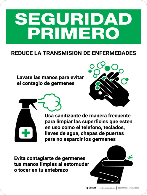 Safety First Reduce La Transmision De Enfermedades Spanish with Icons Portrait - Wall Sign