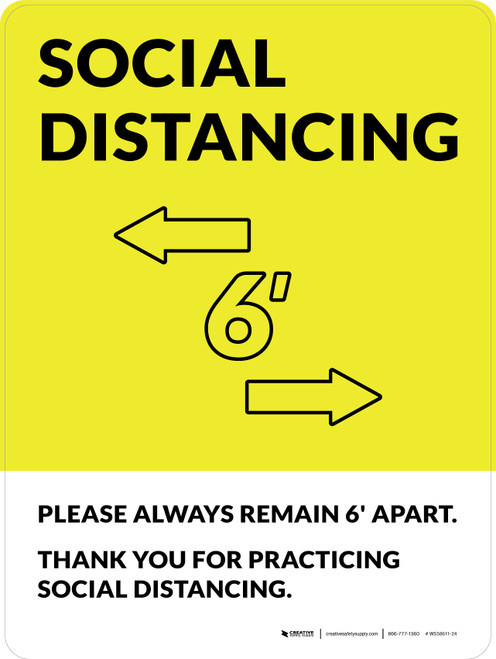 Social Distancing Please Always Remain 6' Apart with Icon Yellow Portrait - Wall Sign