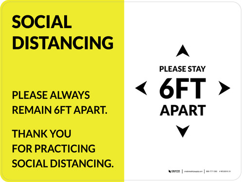 Social Distancing Please Stay 6Ft Apart Yellow Landscape - Wall Sign