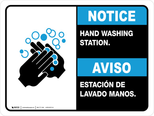 Notice Hand Washing Station Bilingual with Icon ANSI Landscape - Wall Sign