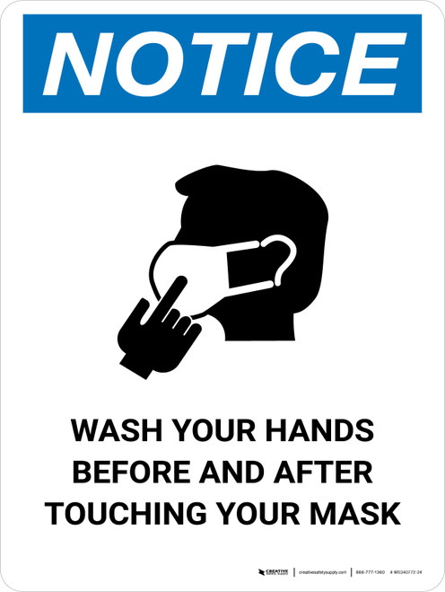 Notice Wash Hands Before & After Touching Mask with Icon Portrait - Wall Sign
