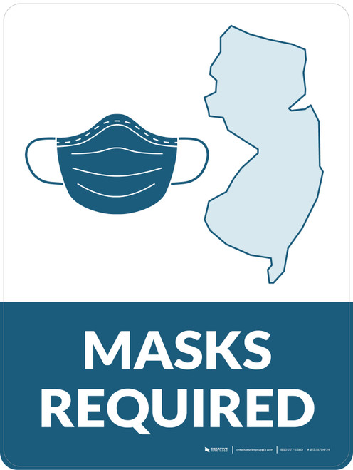 Masks Required - New Jersey State Outline Portrait - Wall Sign