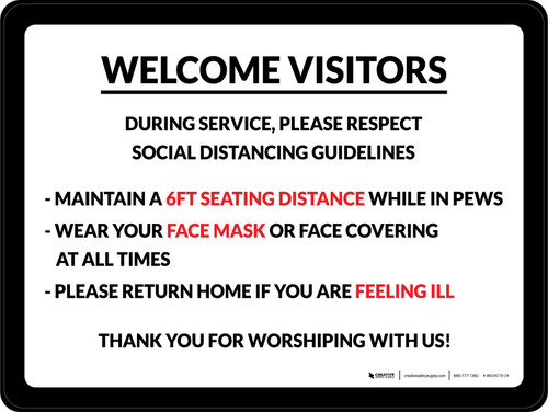 Welcome Visitors: During Service Please Respect Social Distancing Guidelines Landscape - Wall Sign