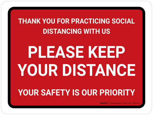 Thank You For Practicing Social Distancing With Us Red Landscape - Wall Sign