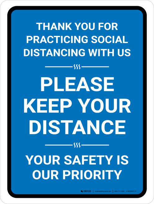 Thank You For Practicing Social Distancing With Us Blue Portrait - Wall Sign