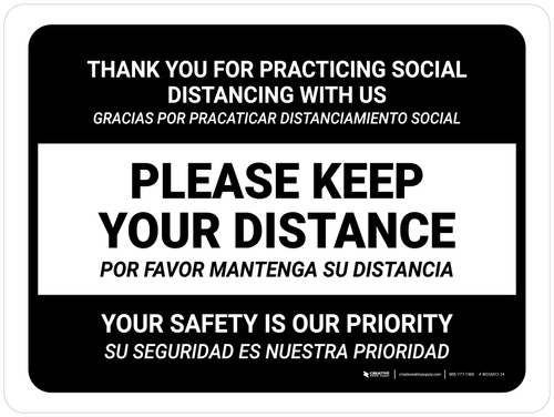 Thank You For Practicing Social Distancing With Us Black Bilingual Spanish Landscape - Wall Sign